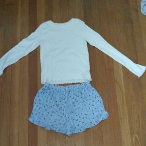 Cream Long Sleeve Top and Blue Patterned Shorts Set